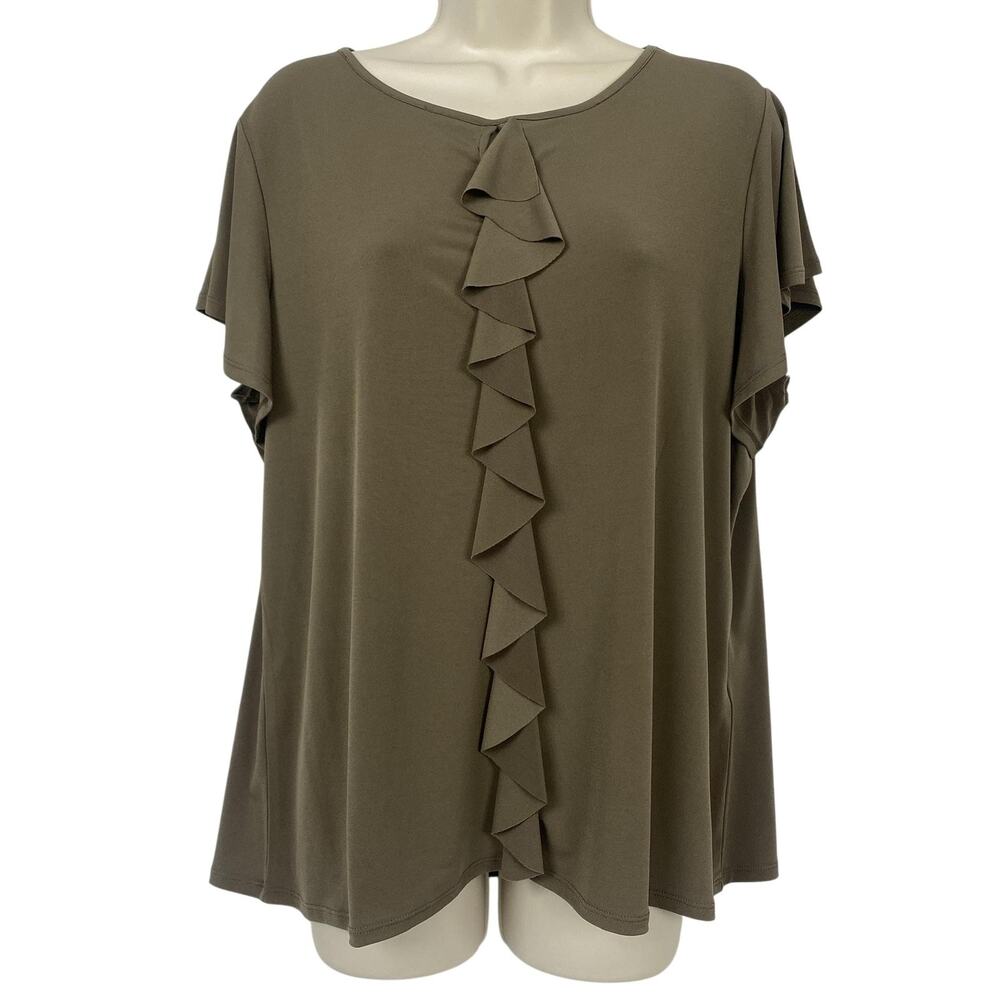 Chicos Easywear Top Size 2 Chocolate Brown Ruffle Front Keyhole Flutter Sleeve L
